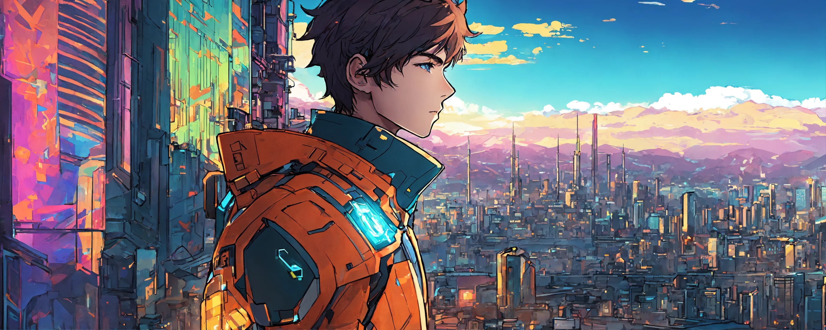 Anime boy wearing a space suit looking over at a futuristic city