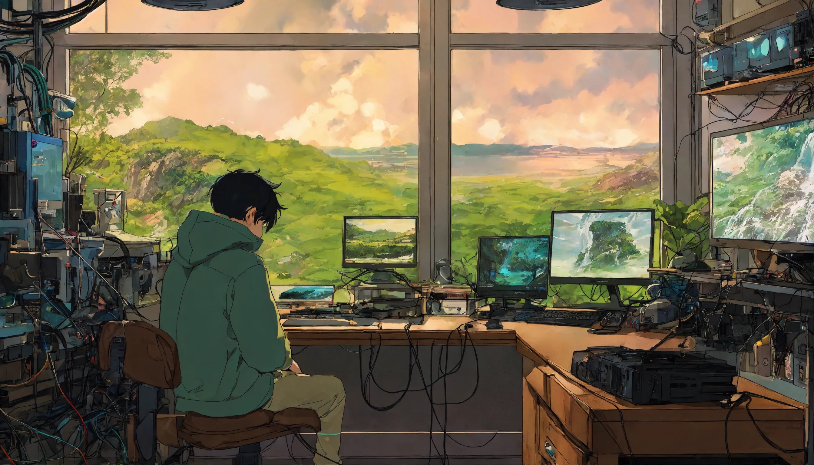 Kazi Hossain in a computer lab anime drawing
